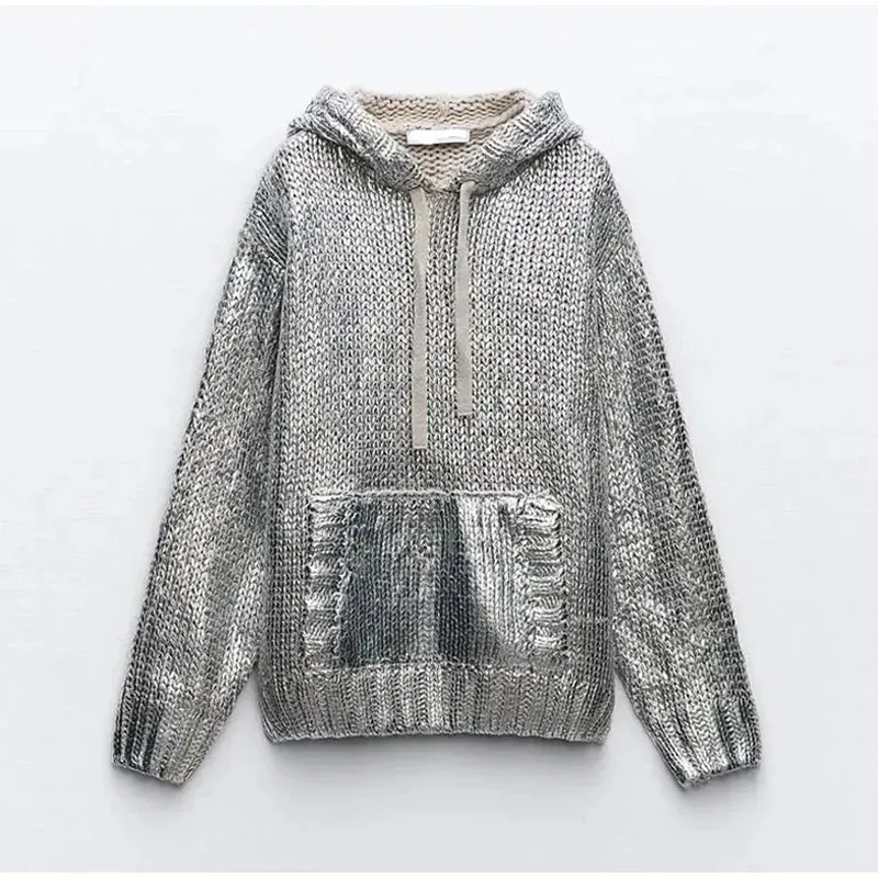 Metallic Knit Hoodie in Silver