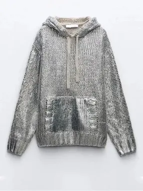 Metallic Knit Hoodie in Silver