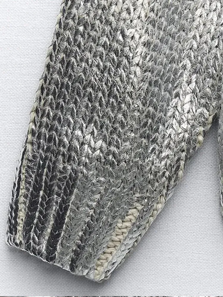 Metallic Knit Hoodie in Silver