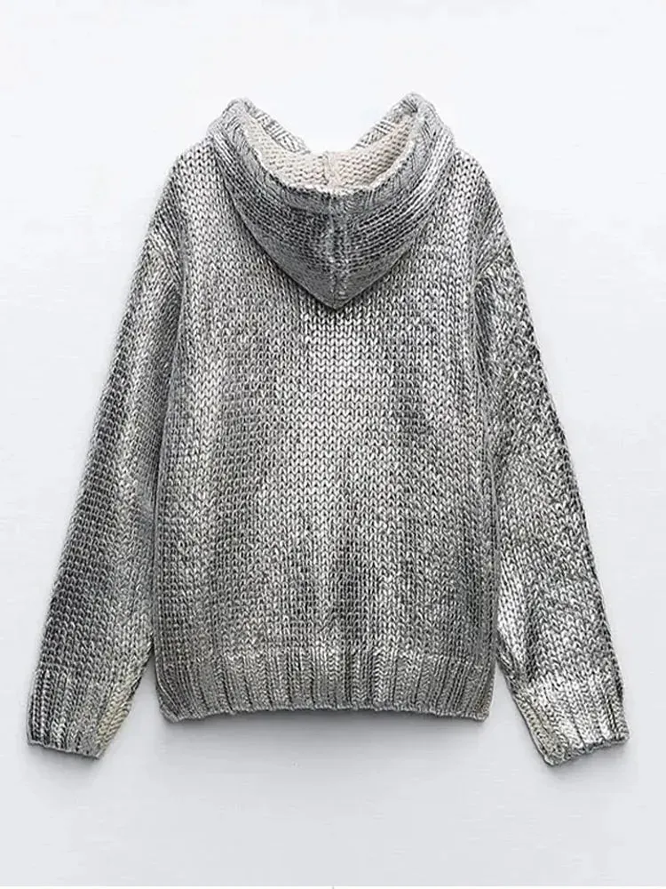 Metallic Knit Hoodie in Silver