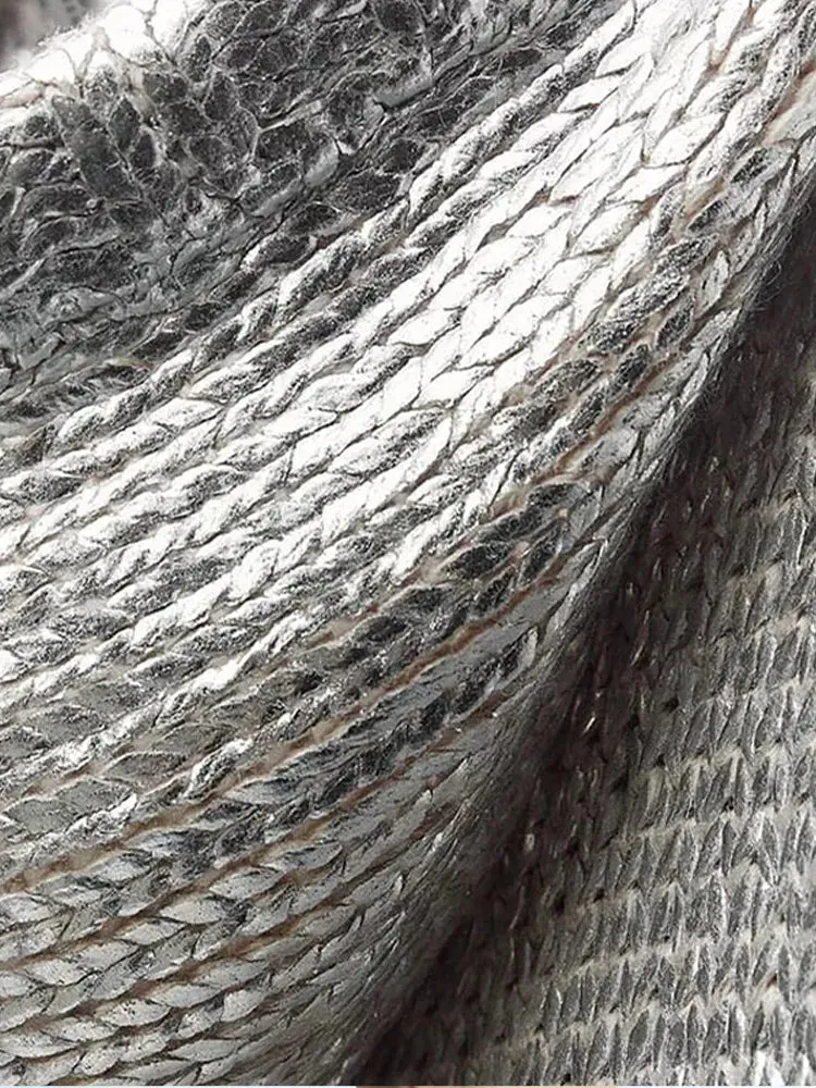 Metallic Knit Hoodie in Silver