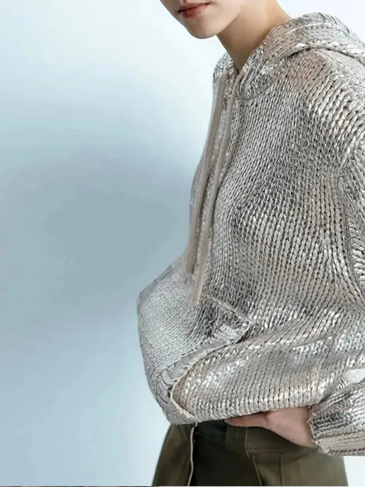 Metallic Knit Hoodie in Silver