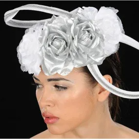 NA1017-Silver and white straw fascinator with bow and silver trims