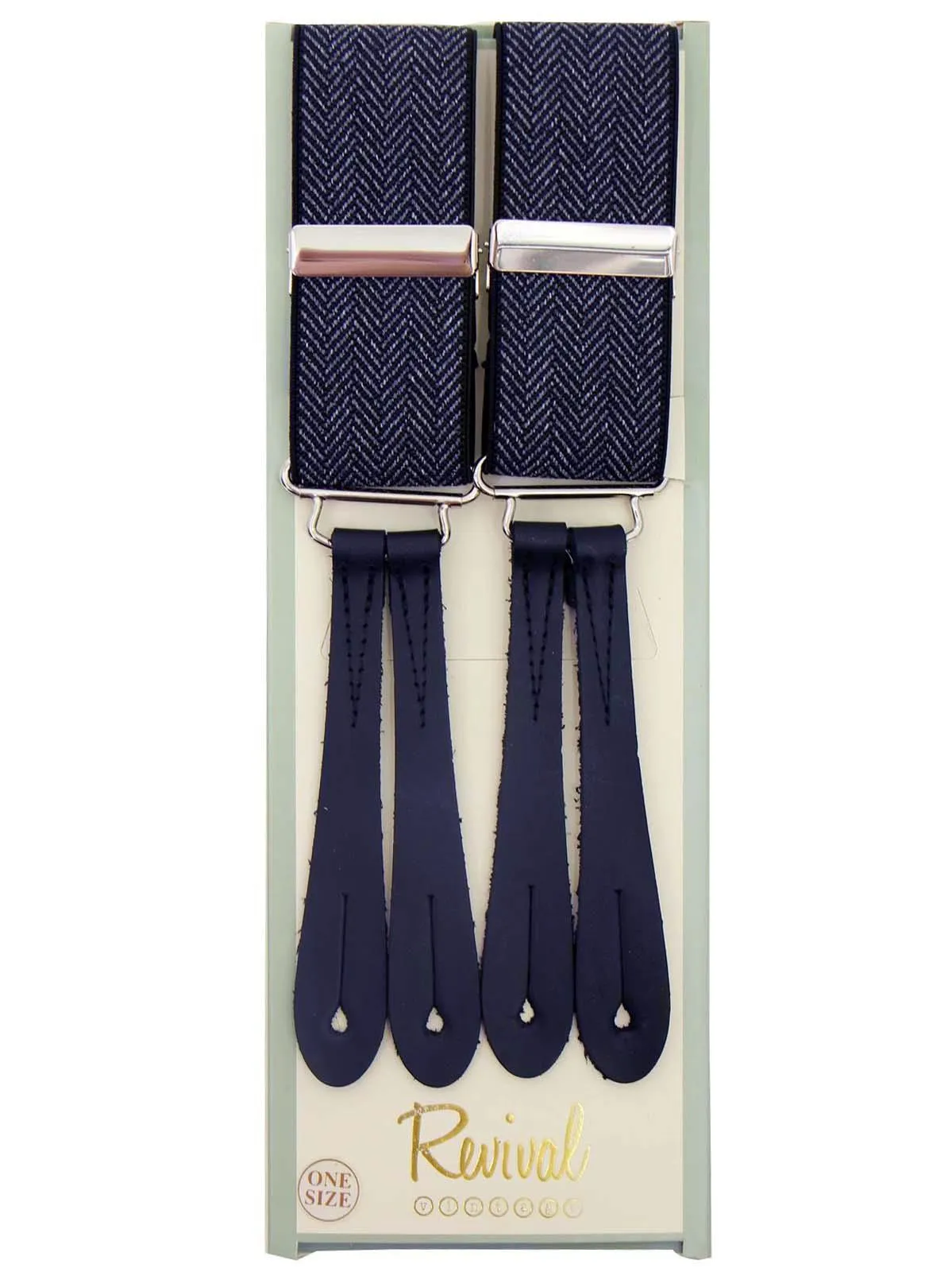 Navy Herringbone Braces with Blue Leather Loops