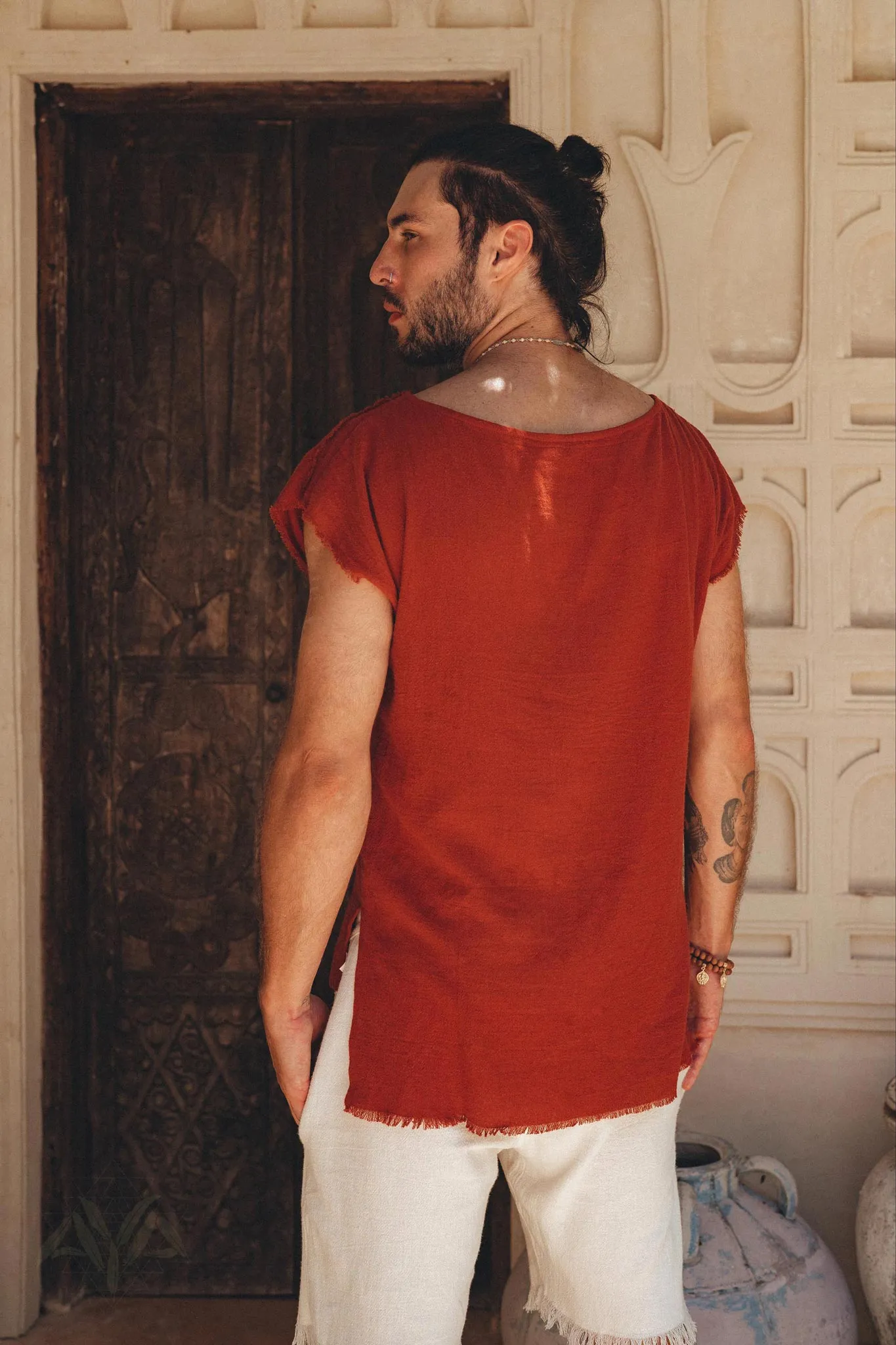 Red Raw Edge Thick Cotton Top Tee for Men