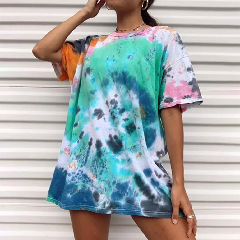 Round neck tie-dye print street hipster loose short-sleeved T-shirt