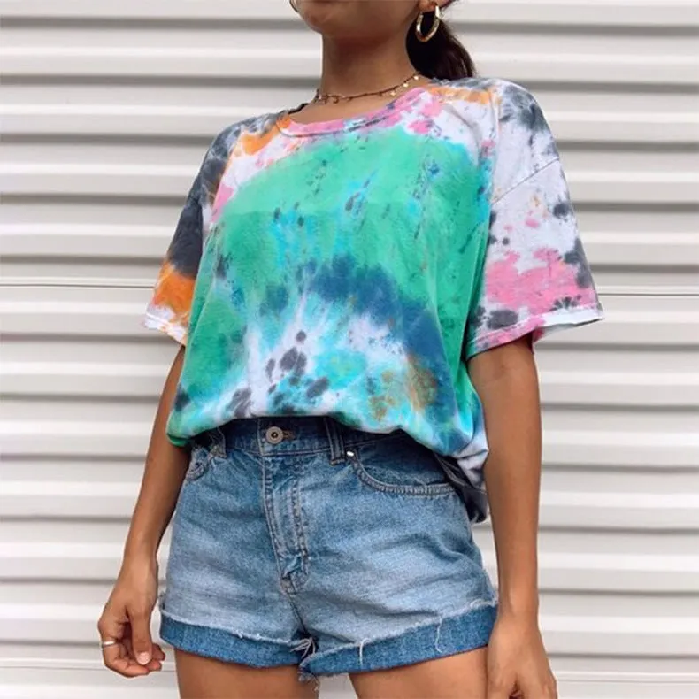 Round neck tie-dye print street hipster loose short-sleeved T-shirt