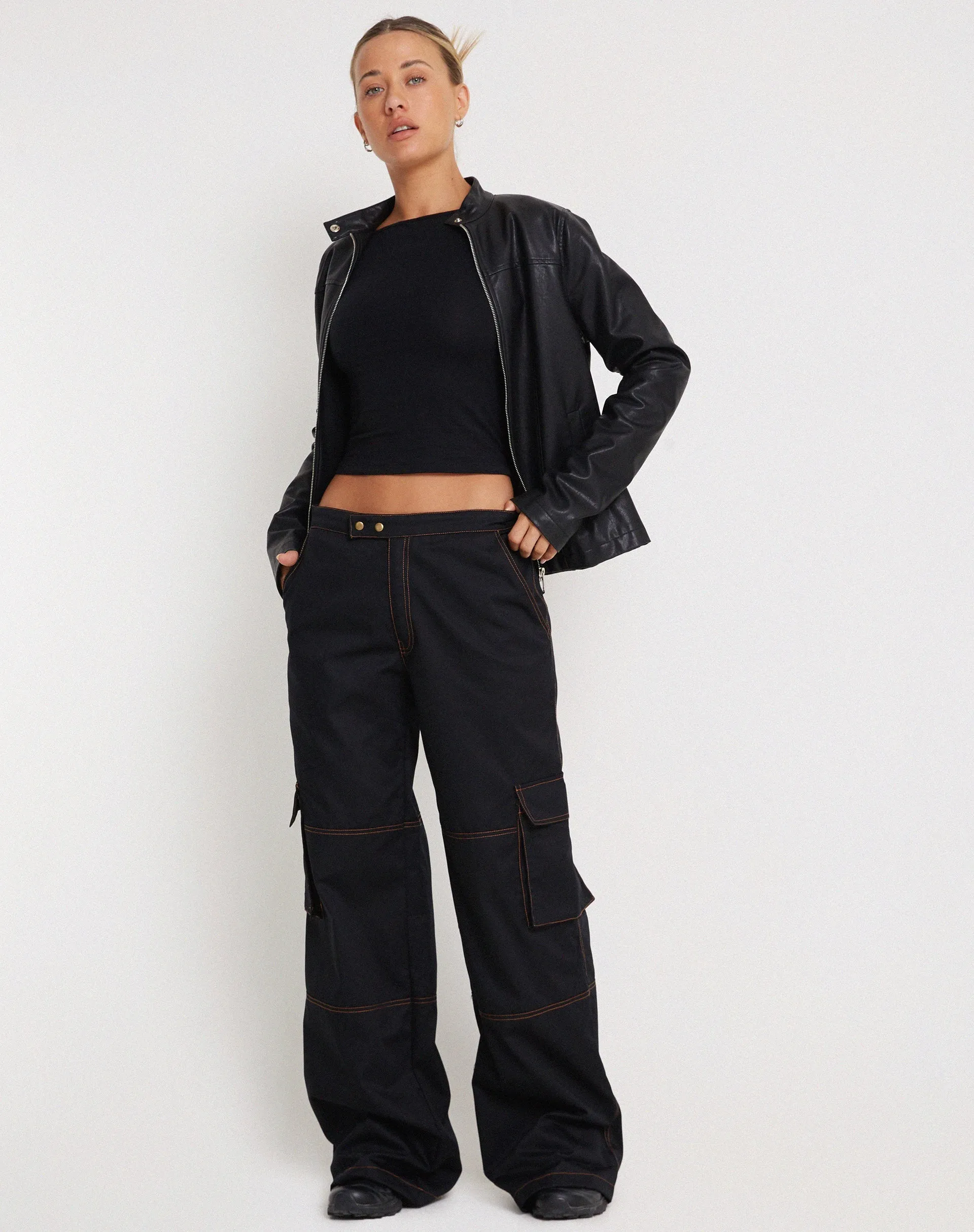 Saul Wide Leg Cargo Trouser in Black with Orange Stitching