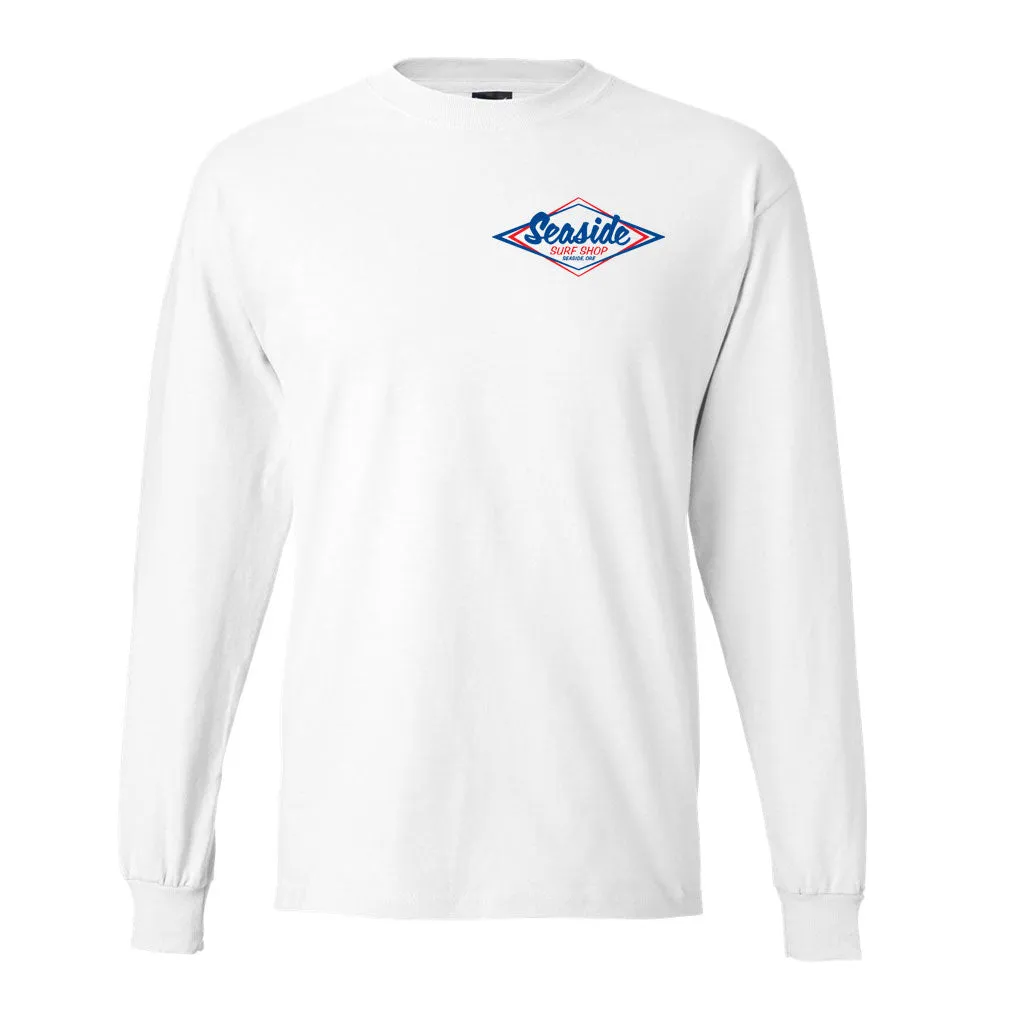 Seaside Surf Shop Mens Vintage Logo L/S Tee - White/Blue Red