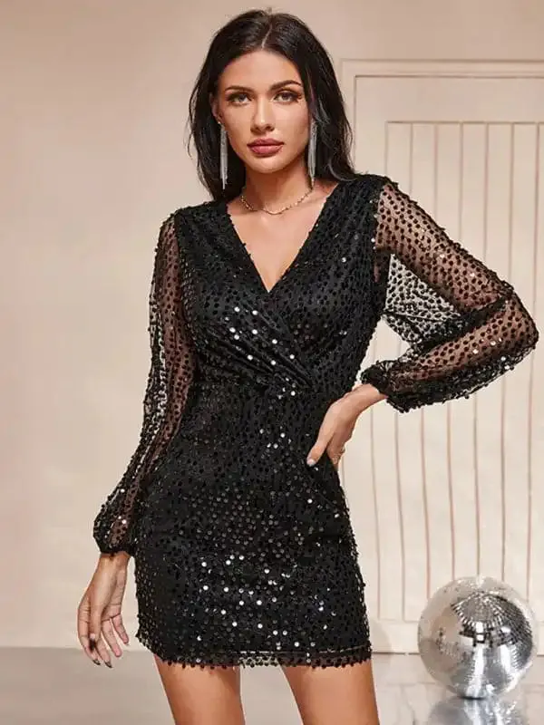 Silver Glitter Party Dress For Women With Sleeves