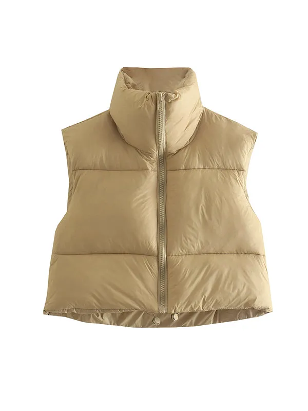 Skinny Sleeveless Solid Color Zipper Stand Collar Padded Vest Vest Top