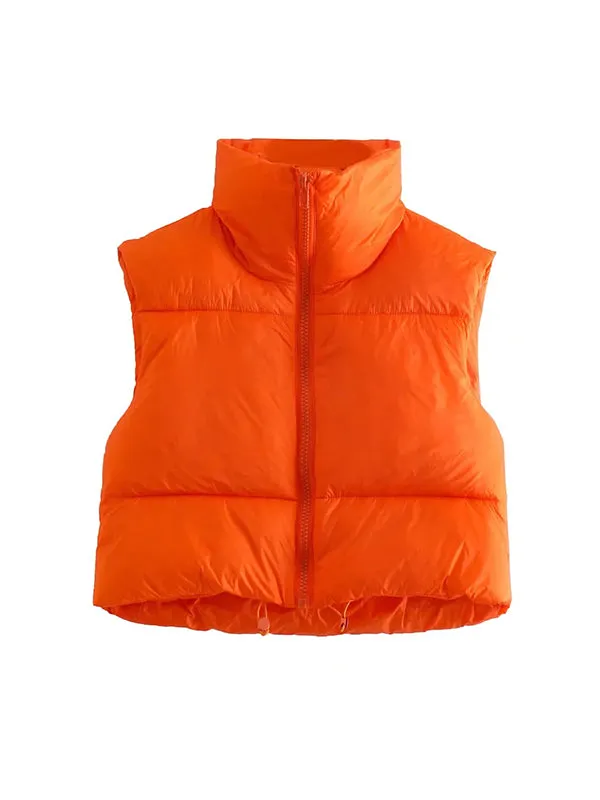 Skinny Sleeveless Solid Color Zipper Stand Collar Padded Vest Vest Top