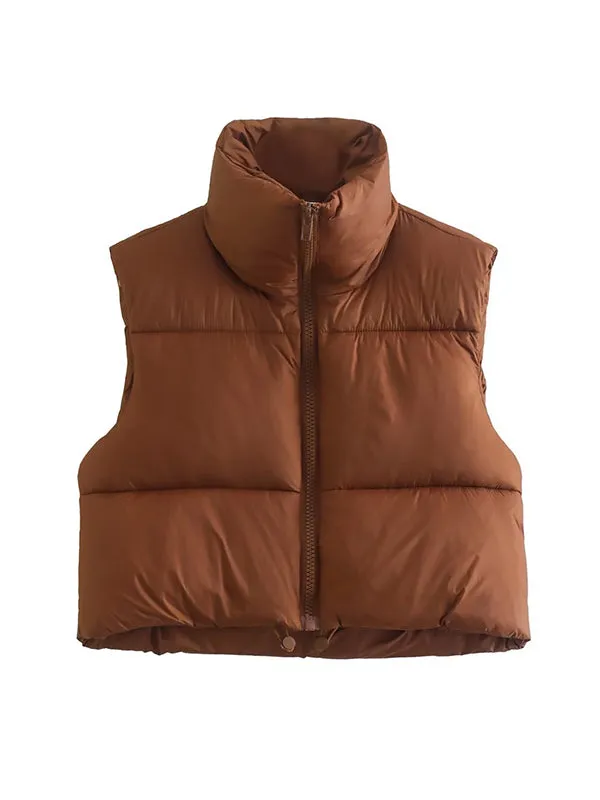 Skinny Sleeveless Solid Color Zipper Stand Collar Padded Vest Vest Top