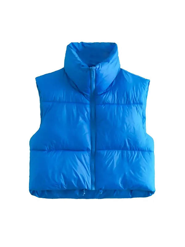 Skinny Sleeveless Solid Color Zipper Stand Collar Padded Vest Vest Top