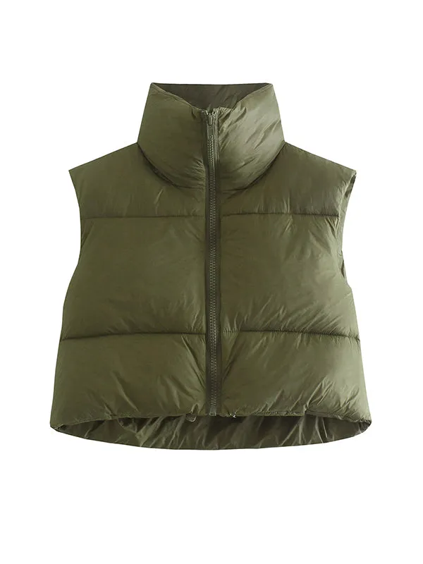 Skinny Sleeveless Solid Color Zipper Stand Collar Padded Vest Vest Top