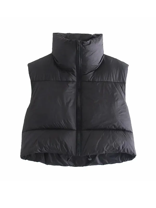 Skinny Sleeveless Solid Color Zipper Stand Collar Padded Vest Vest Top