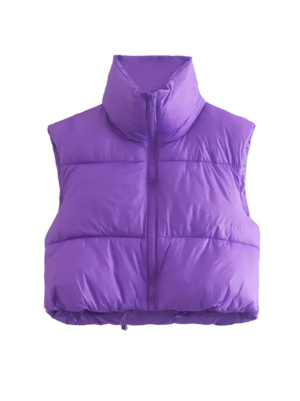 Skinny Sleeveless Solid Color Zipper Stand Collar Padded Vest Vest Top