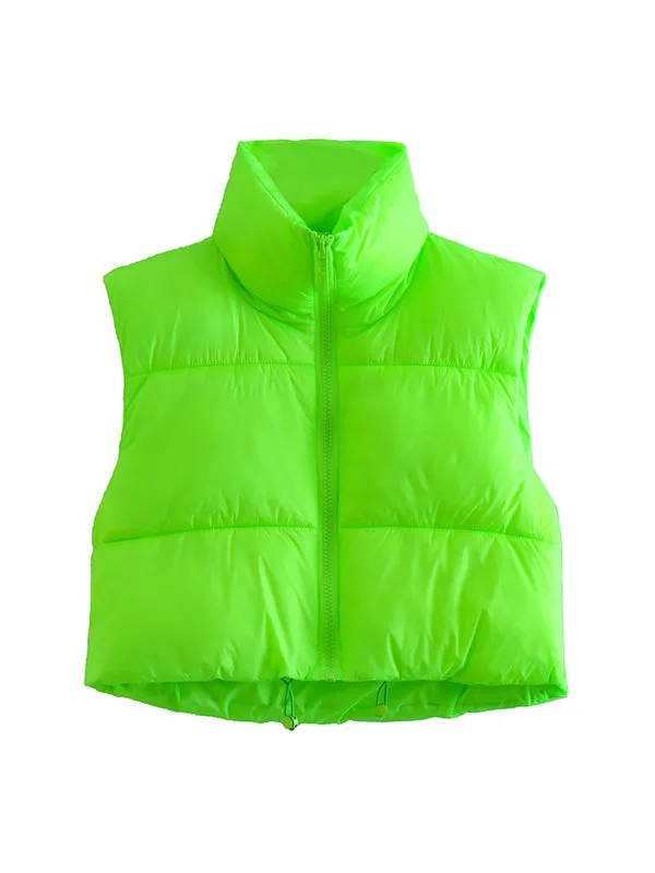 Skinny Sleeveless Solid Color Zipper Stand Collar Padded Vest Vest Top