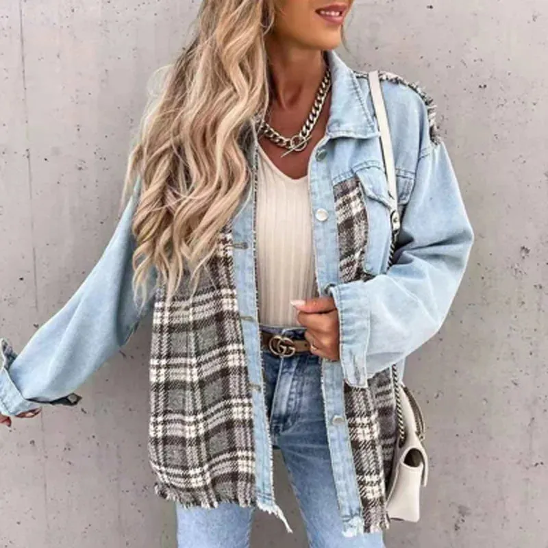 Spring Autumn Tops Outwear Mujer Vintage Fashion Plaid Print Patchwork Denim Coat