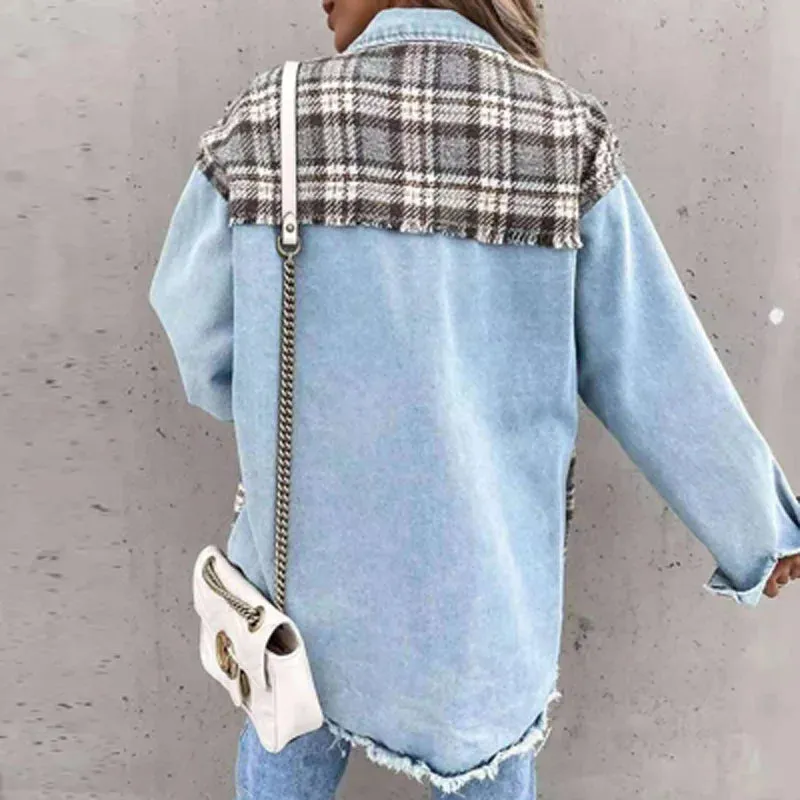 Spring Autumn Tops Outwear Mujer Vintage Fashion Plaid Print Patchwork Denim Coat