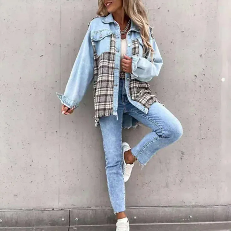 Spring Autumn Tops Outwear Mujer Vintage Fashion Plaid Print Patchwork Denim Coat