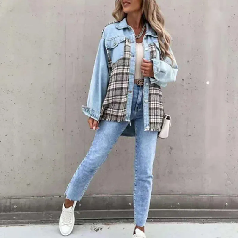 Spring Autumn Tops Outwear Mujer Vintage Fashion Plaid Print Patchwork Denim Coat