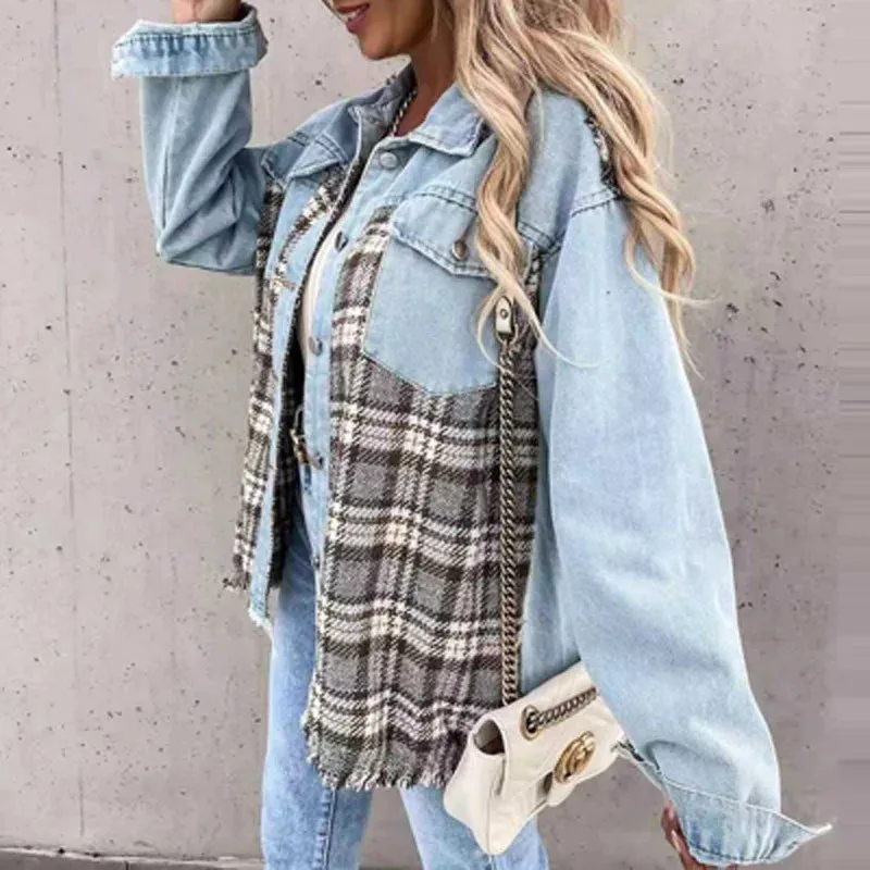 Spring Autumn Tops Outwear Mujer Vintage Fashion Plaid Print Patchwork Denim Coat