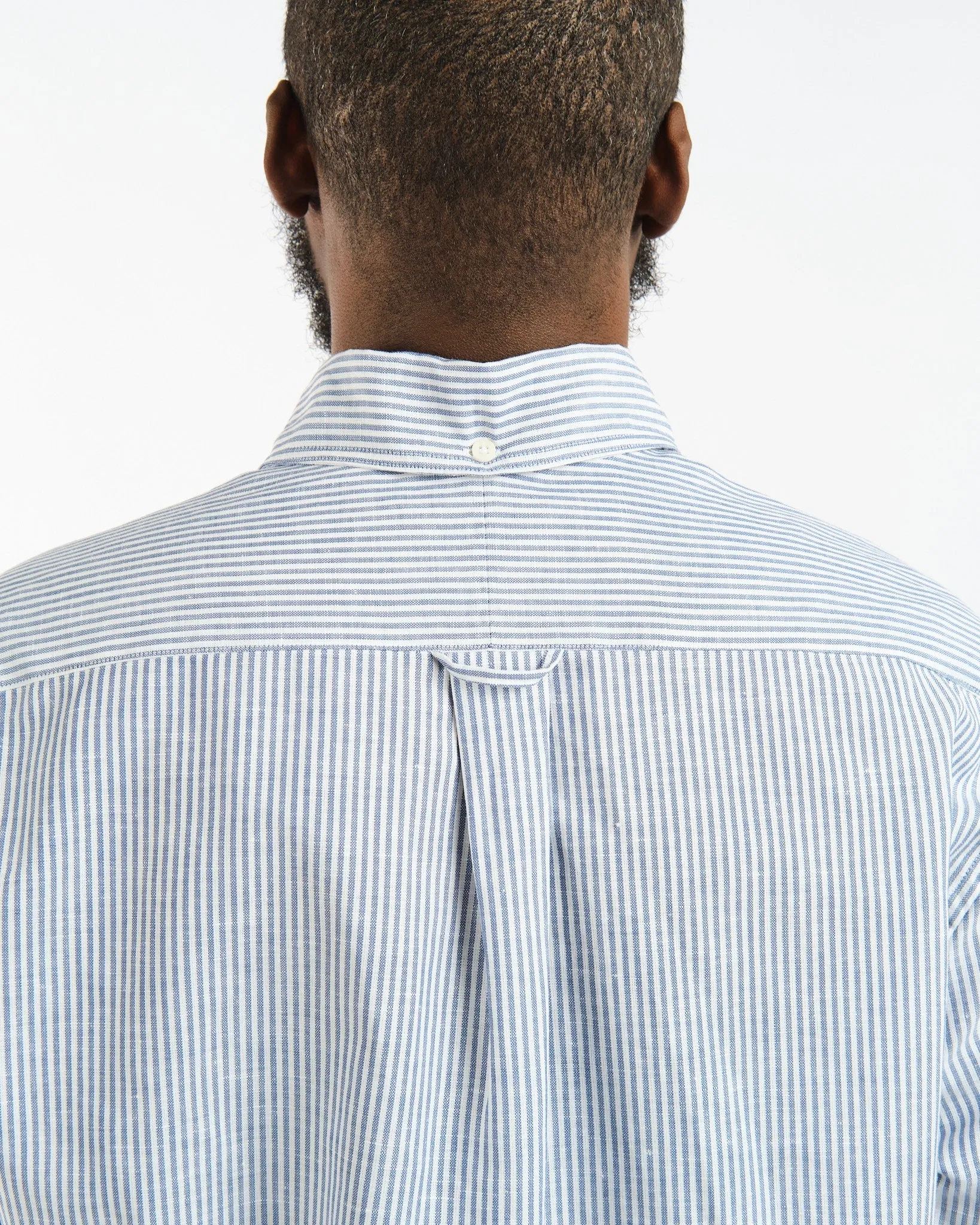 SS Button Down Popover Blue Stripe Linen