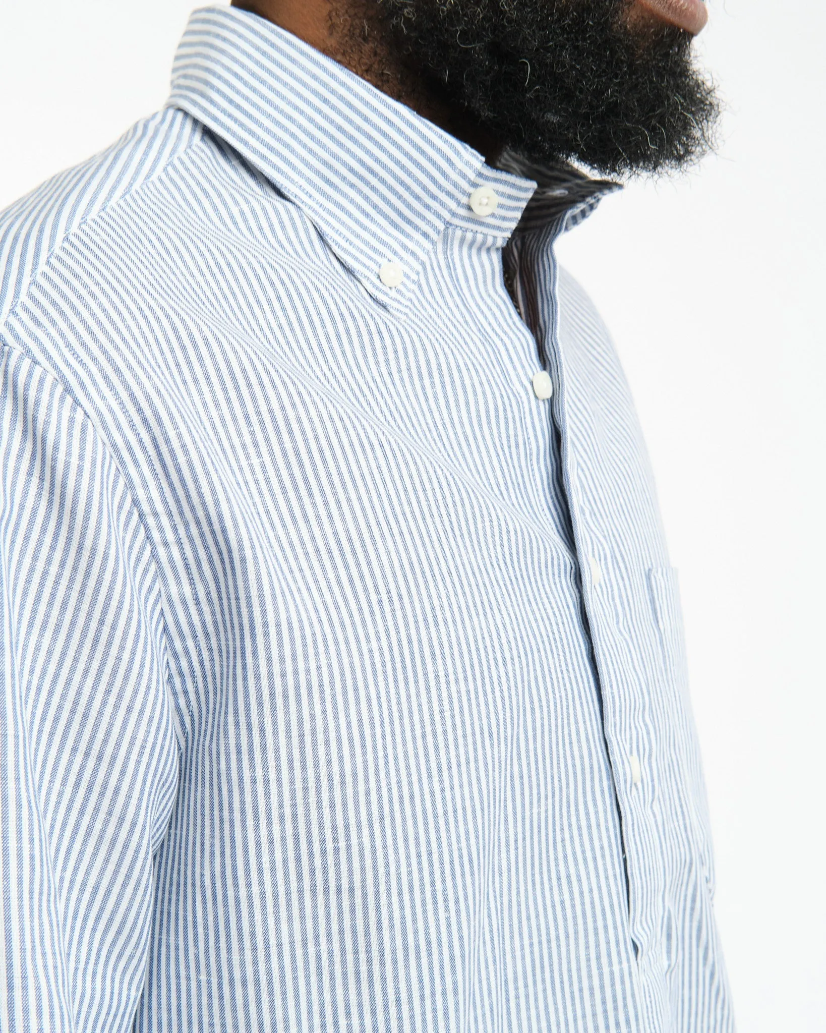 SS Button Down Popover Blue Stripe Linen