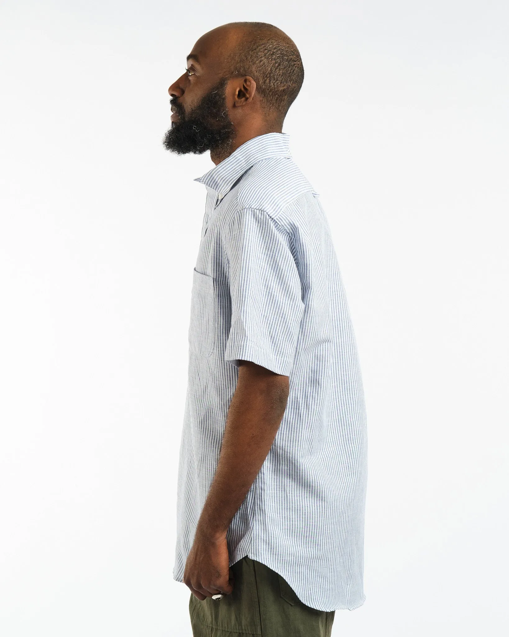 SS Button Down Popover Blue Stripe Linen