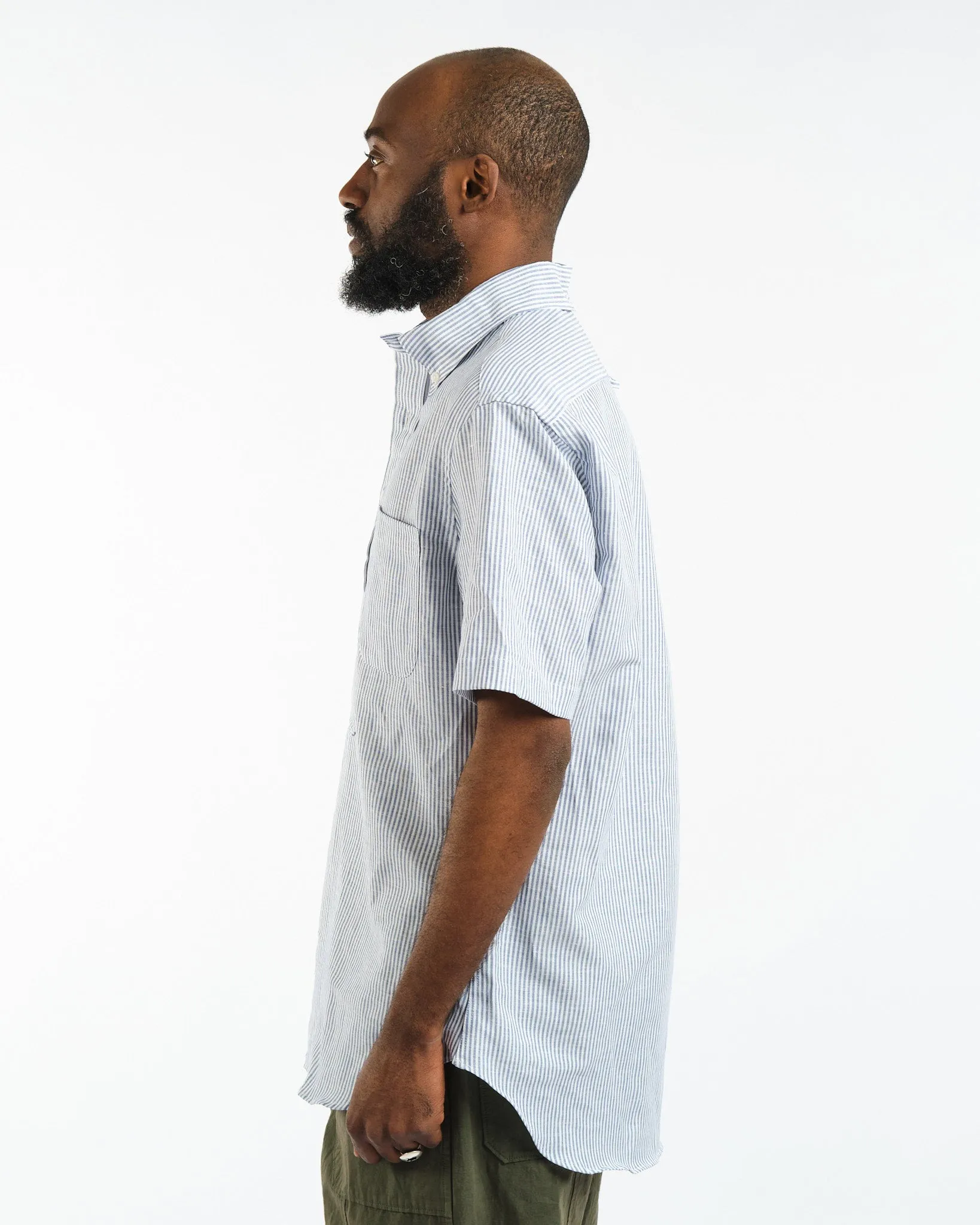 SS Button Down Popover Blue Stripe Linen