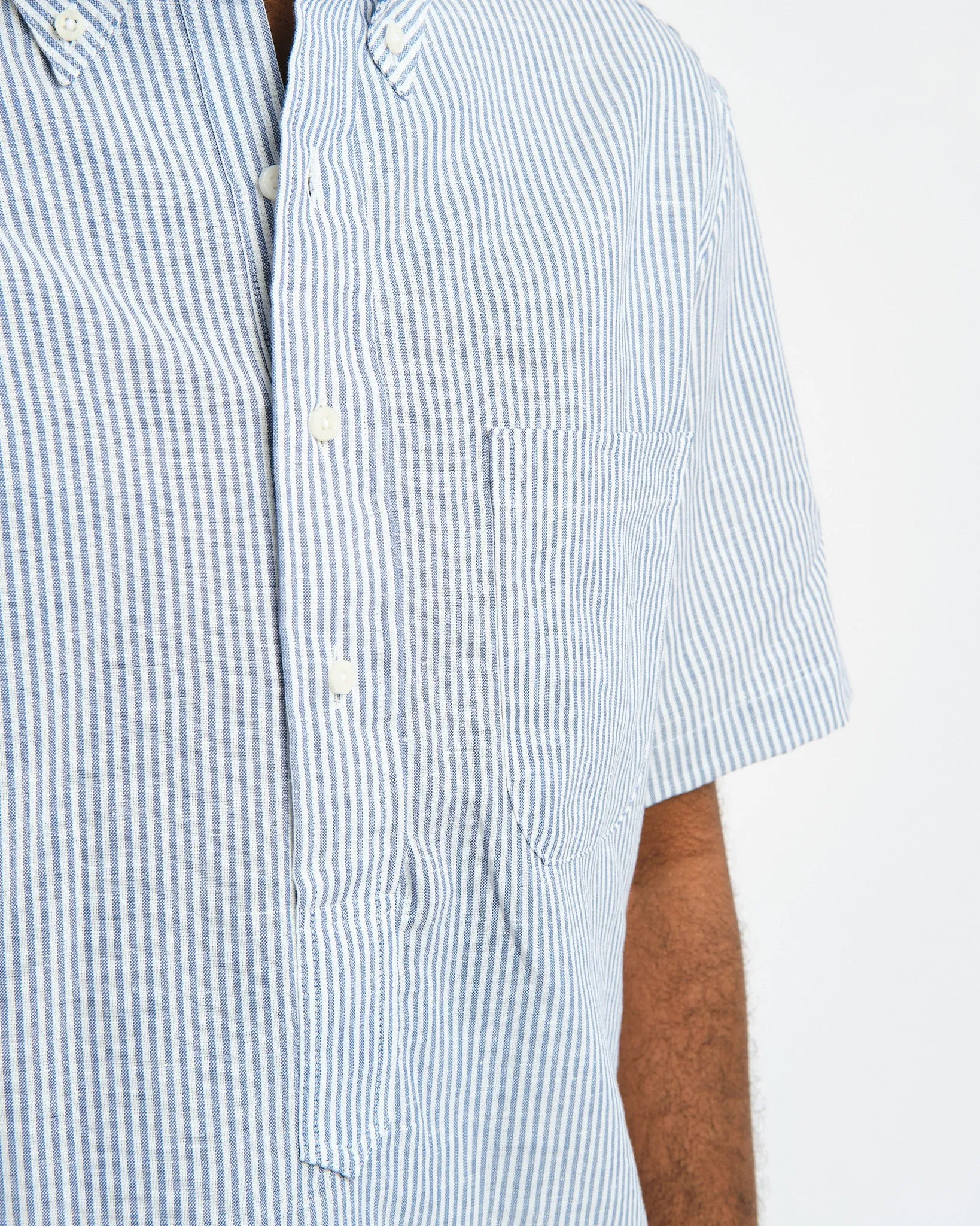 SS Button Down Popover Blue Stripe Linen