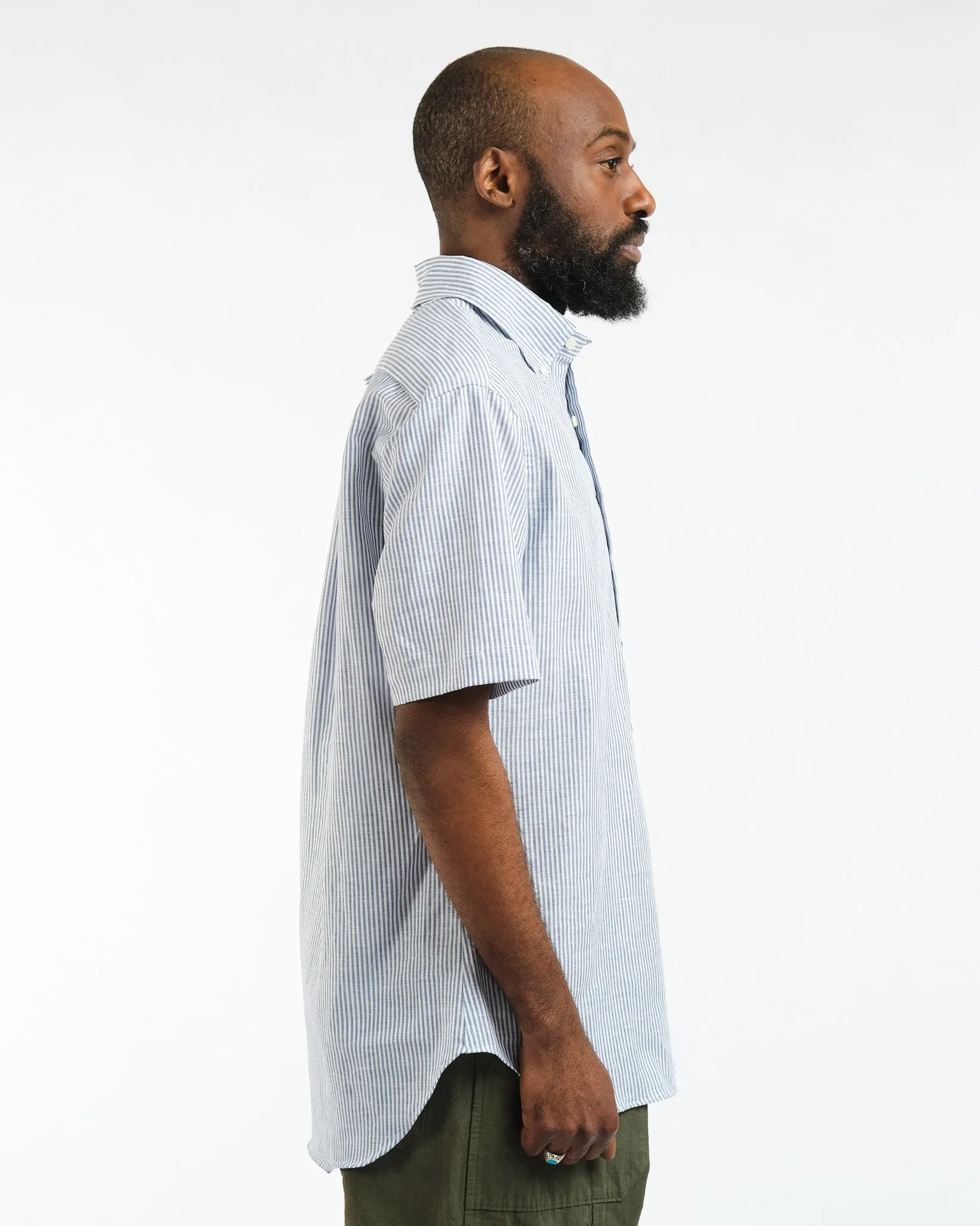 SS Button Down Popover Blue Stripe Linen