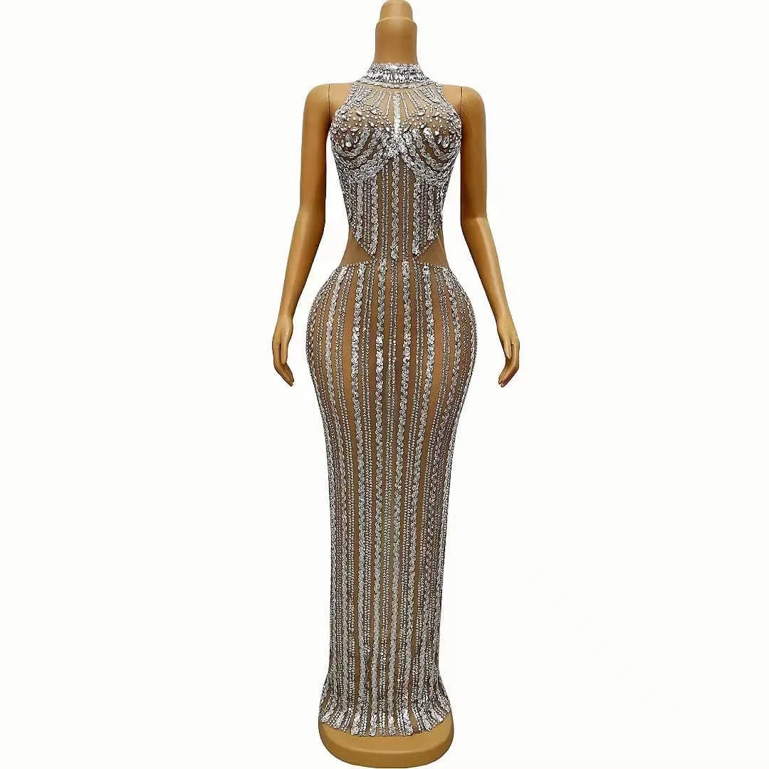 Sydnie Silver Sequins Rhinestones Transparent Dress