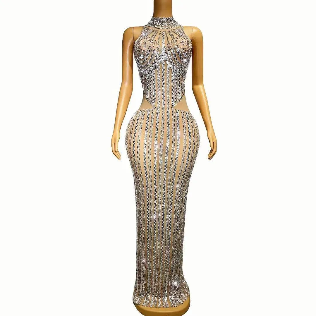 Sydnie Silver Sequins Rhinestones Transparent Dress