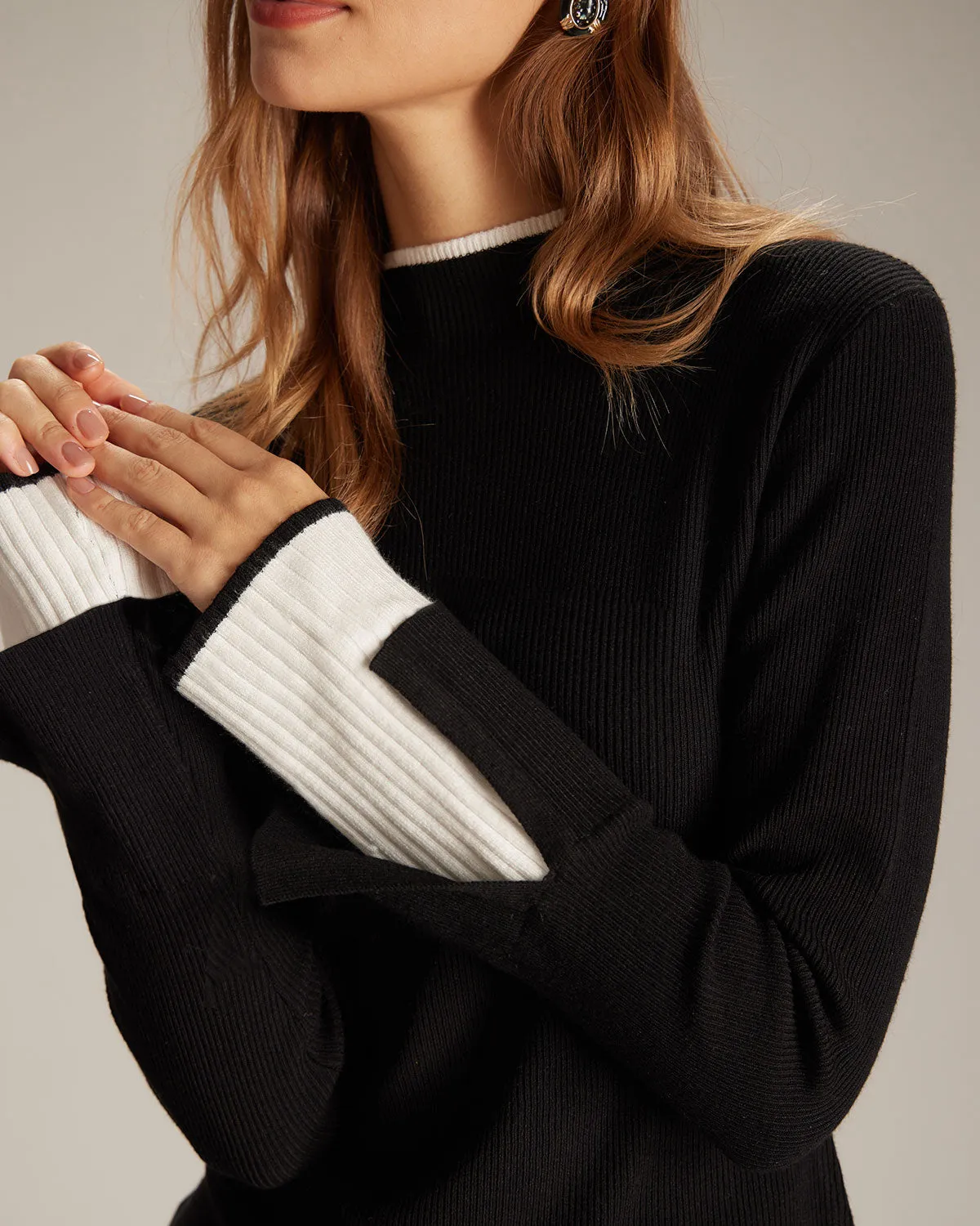 The Black Mock Neck Colorblock Trim Knit Top