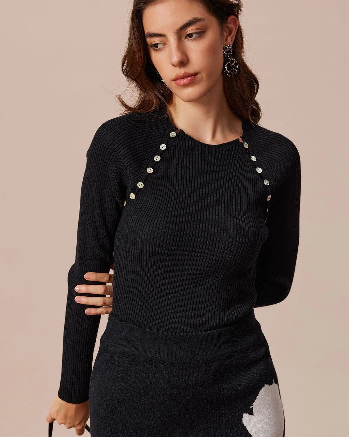 The Black Round Neck Button Ribbed Knit Top