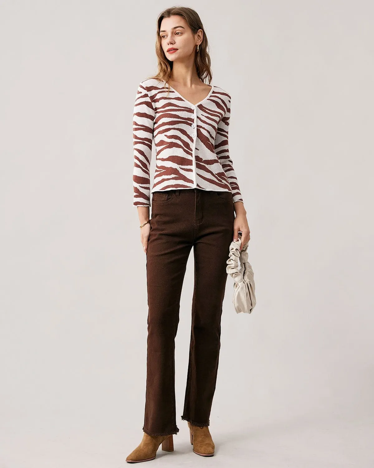 The Coffee V Neck Zebra Knit Cardigan