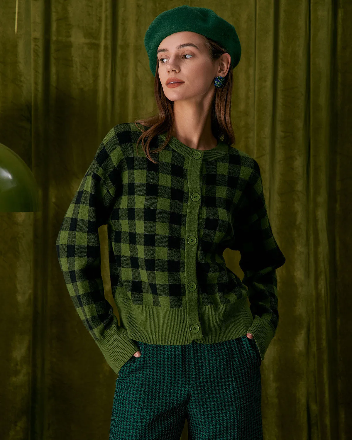 The Green Crew Neck Plaid Button Cardigan