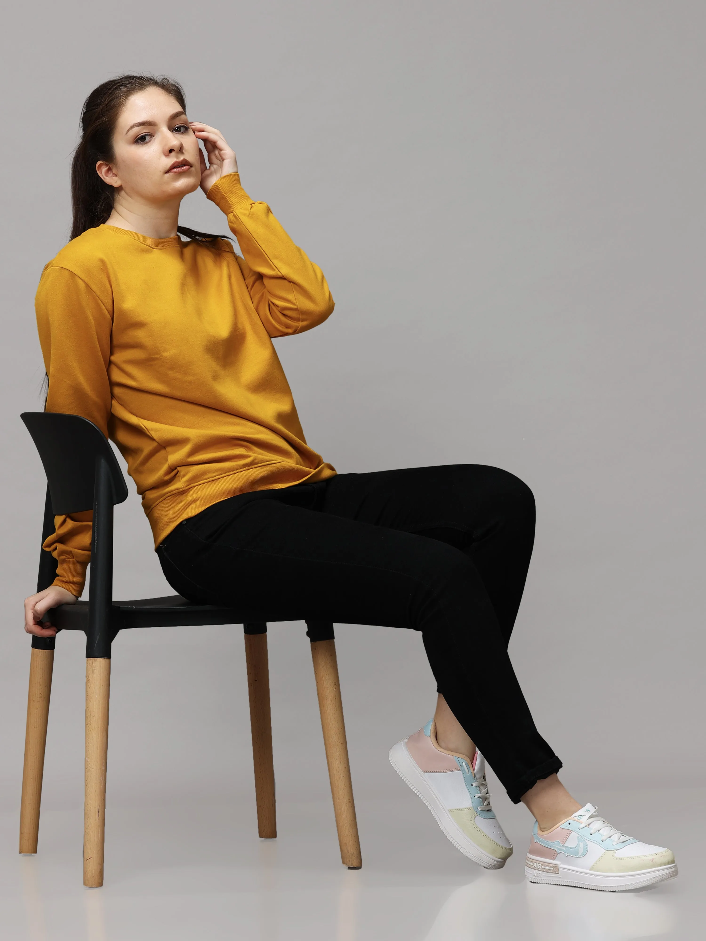 The Greenage Girl Solid Long Yellow Sweat Shirt