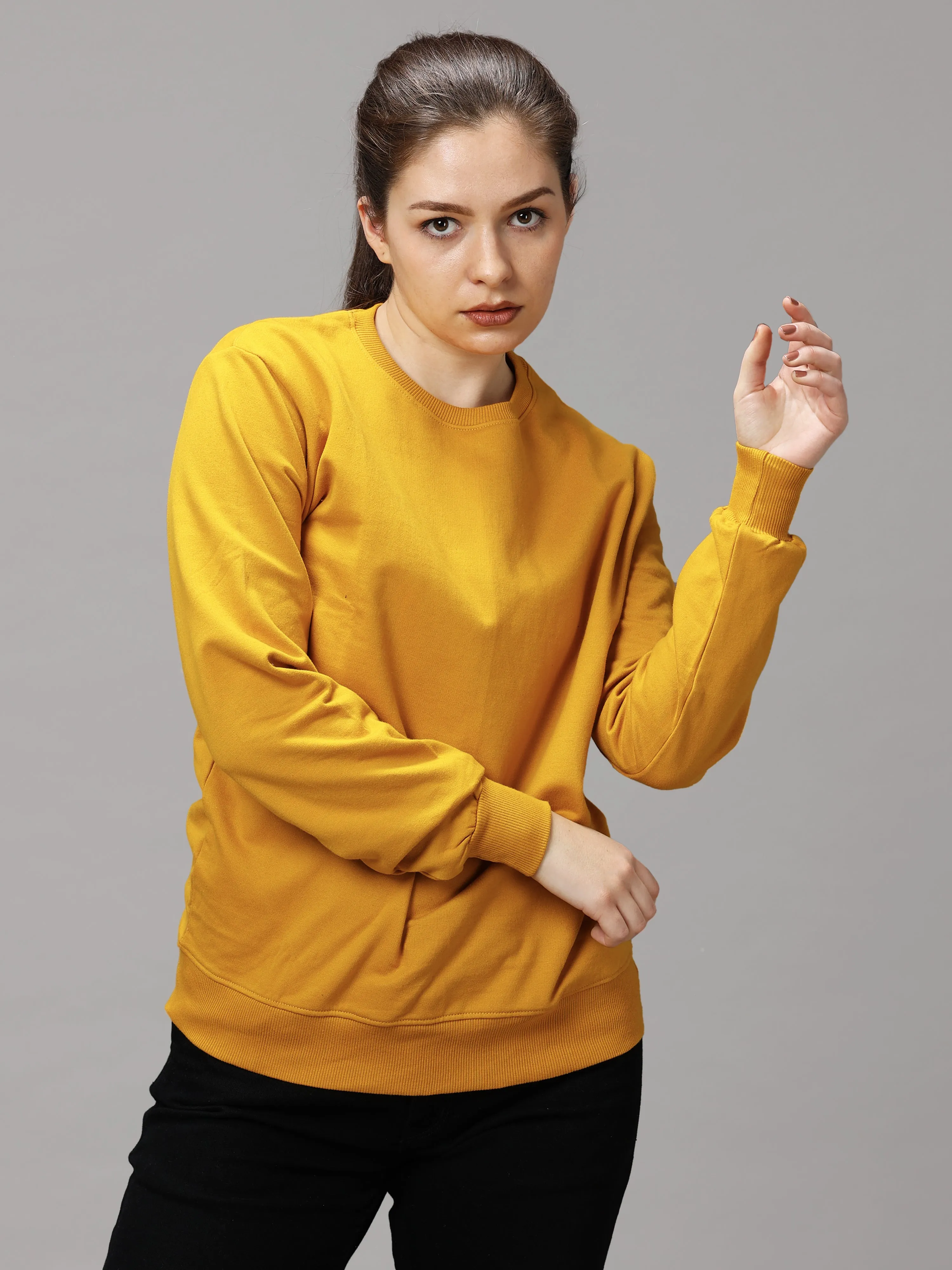 The Greenage Girl Solid Long Yellow Sweat Shirt