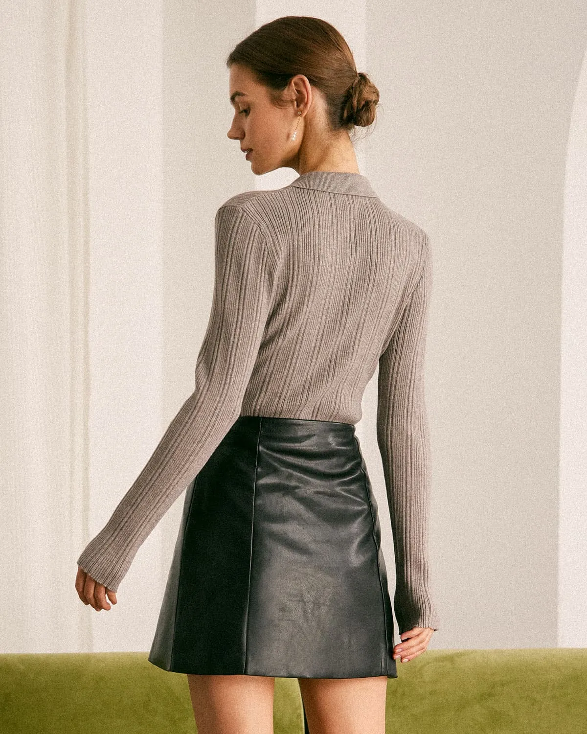 The Grey Shirt Collar Button Ribbed Knit Top