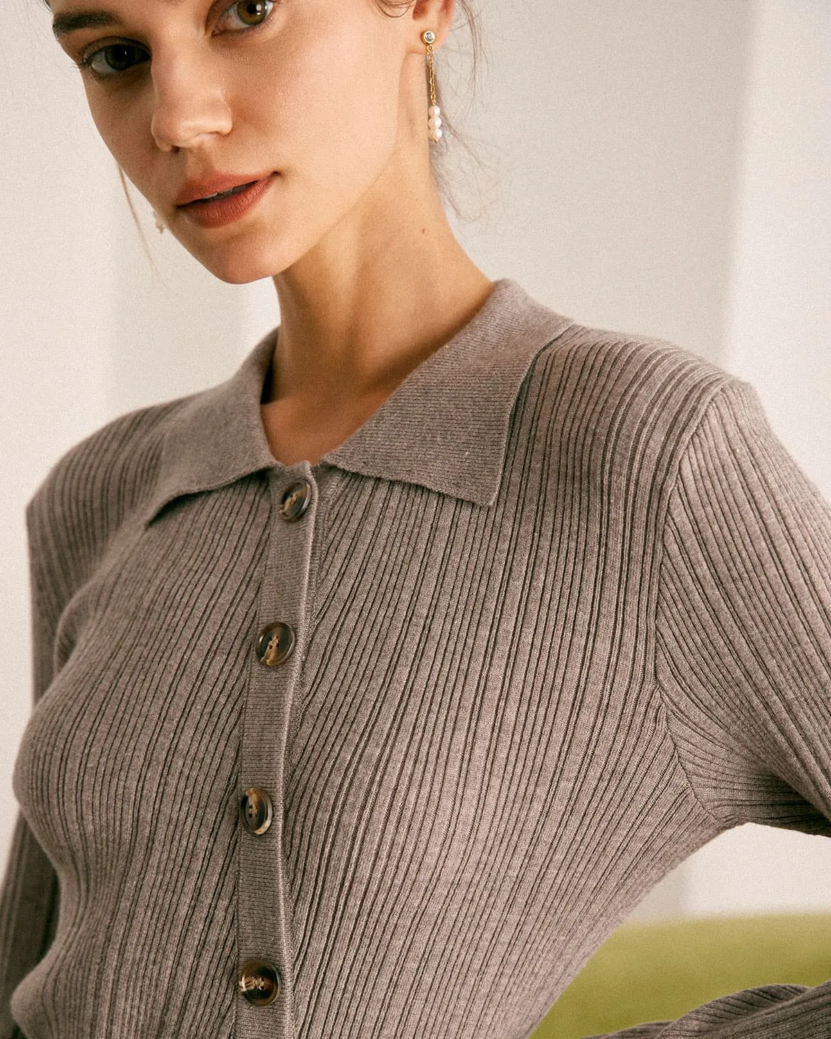 The Grey Shirt Collar Button Ribbed Knit Top