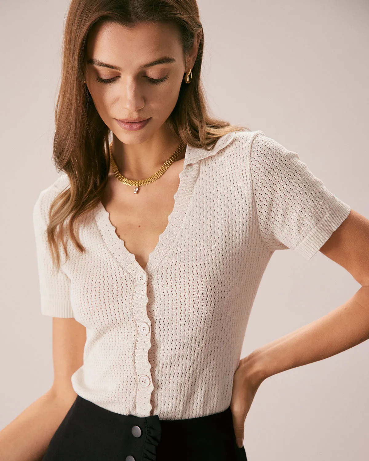 The Nude V Neck Button Pointelle Knit Tee