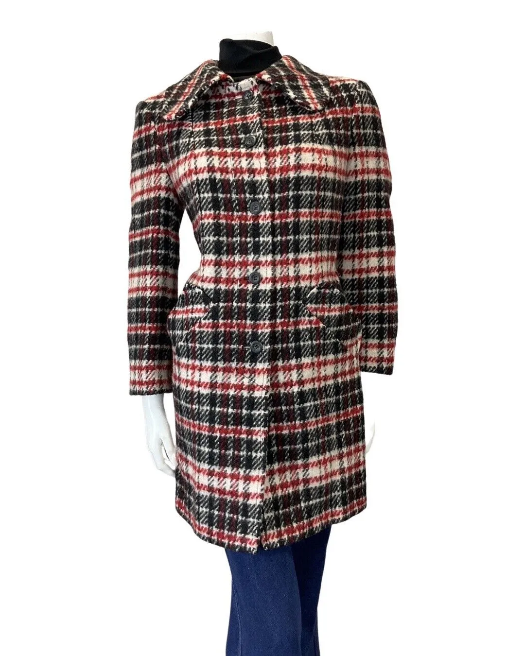 VINTAGE 60s 70s BLACK RED WHITE PLAID CHECKED SPOON COLLAR MOD WOOL COAT 16