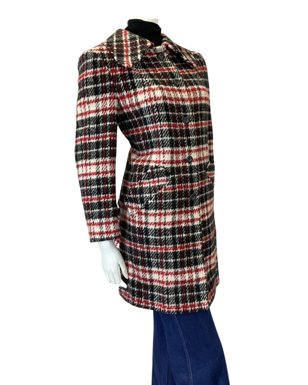 VINTAGE 60s 70s BLACK RED WHITE PLAID CHECKED SPOON COLLAR MOD WOOL COAT 16