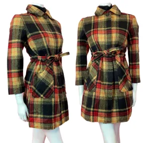 VINTAGE 60s 70s BLACK YELLOW RED PLAID CHECKED MOD WOOL COAT 10 12