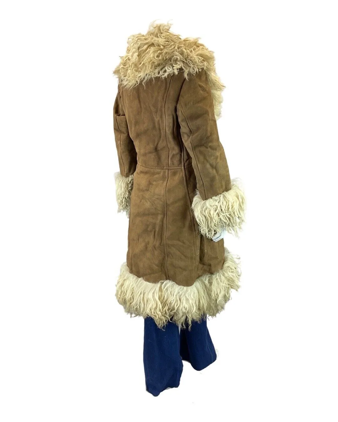 **VINTAGE 60s 70s BROWN CREAM BOHO SUEDE SHEEPSKIN SHEARLING LONG COAT 10