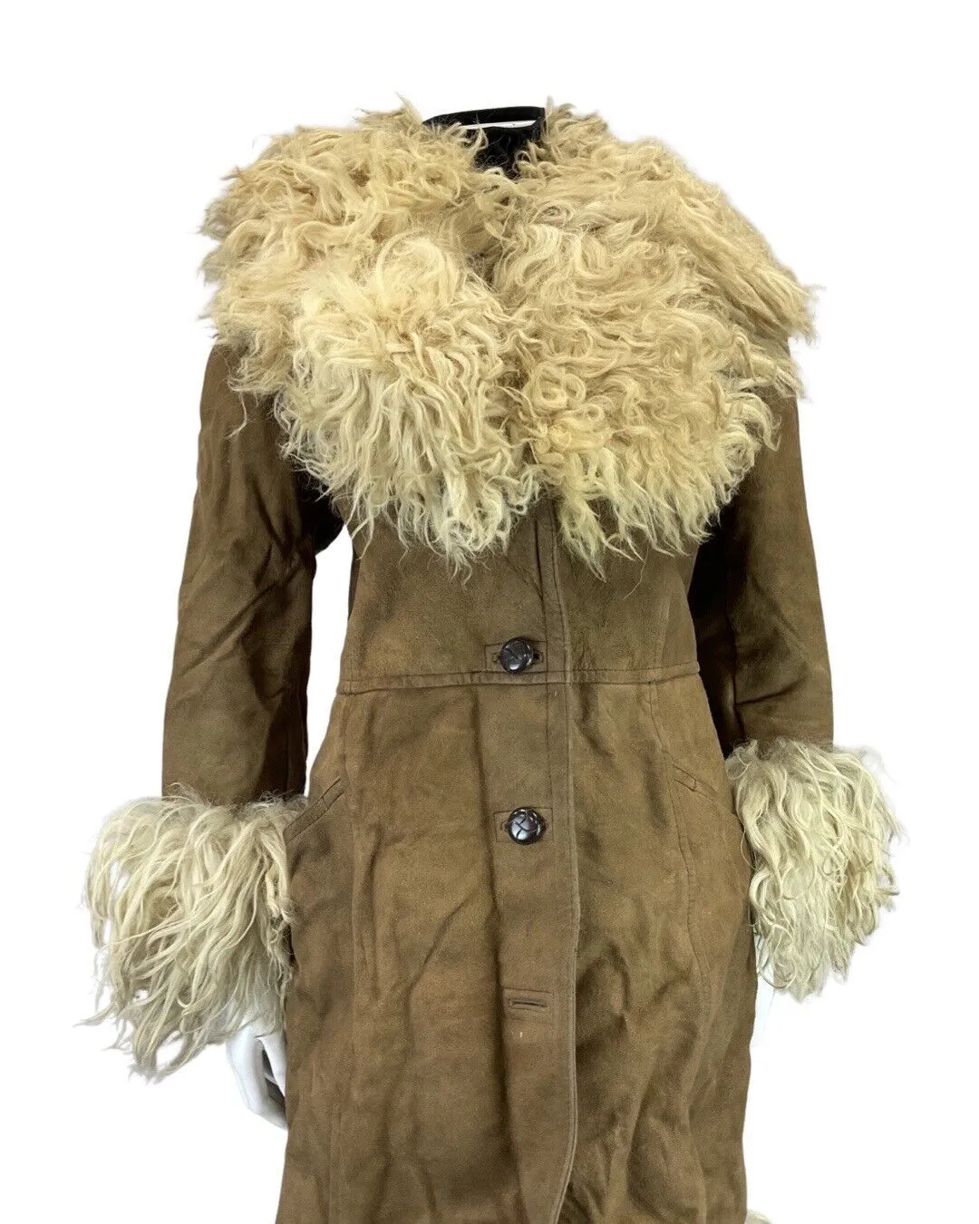 **VINTAGE 60s 70s BROWN CREAM BOHO SUEDE SHEEPSKIN SHEARLING LONG COAT 10