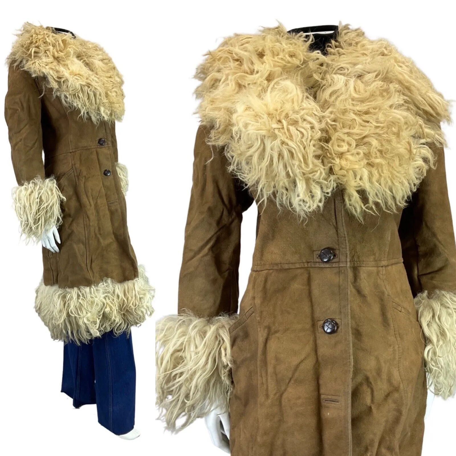 **VINTAGE 60s 70s BROWN CREAM BOHO SUEDE SHEEPSKIN SHEARLING LONG COAT 10